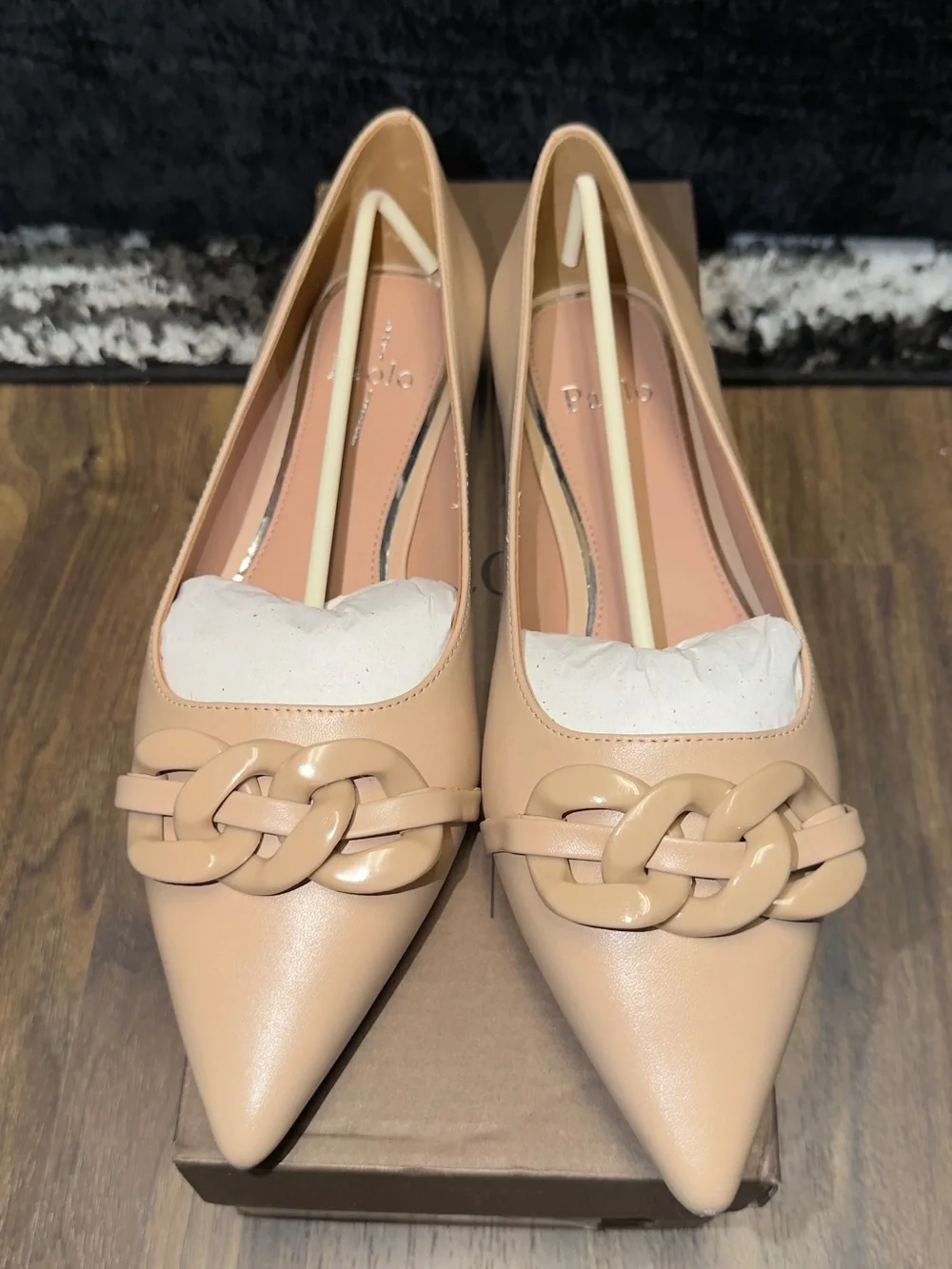Paolo Pointed Toe Chain-Link Flats in Beige